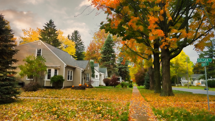 A quite village street in autumn. 5 reasons for a fall furnace clean and check.